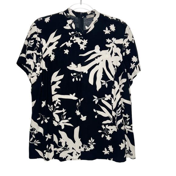 JAKE'S Short Sleeve Blouse Shirt Floral Pattern High Neck Black Cream Size 44 - Picture 11 of 11